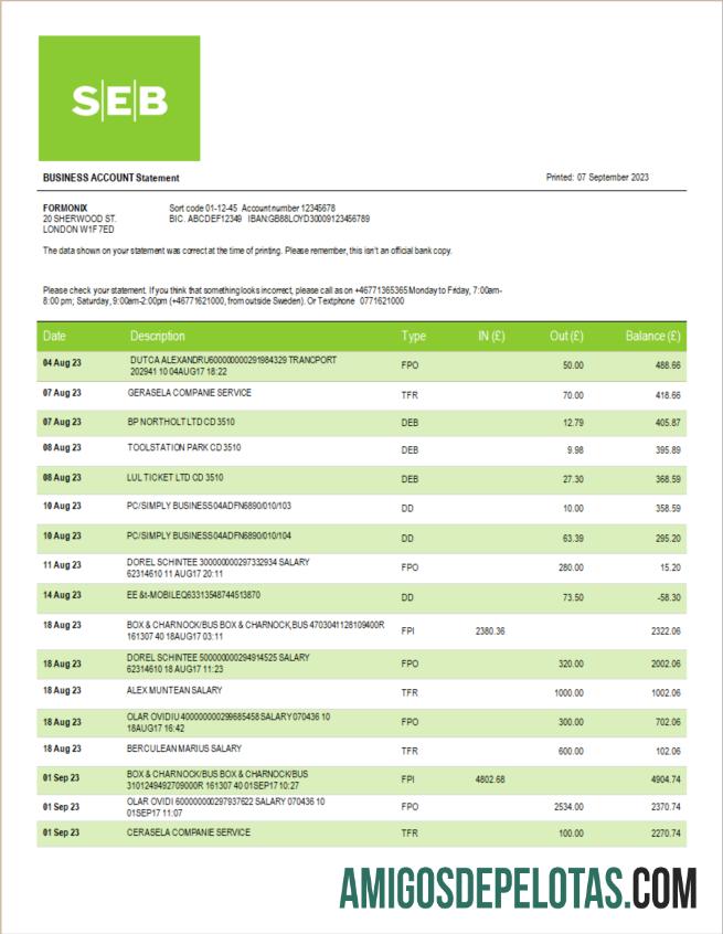 Modelo Realista SEB Bank Company Statement Word e PDF